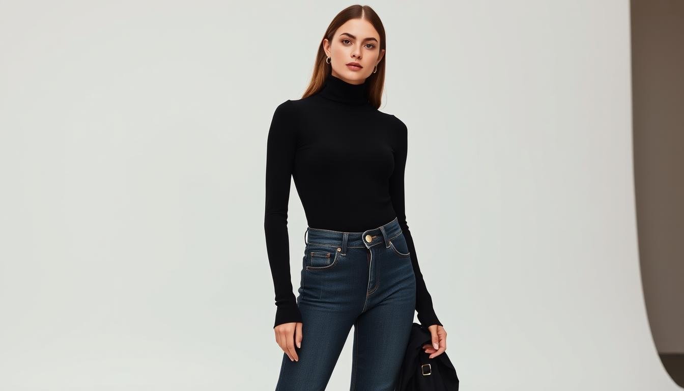 Black Turtleneck and High Waisted Jeans Combination