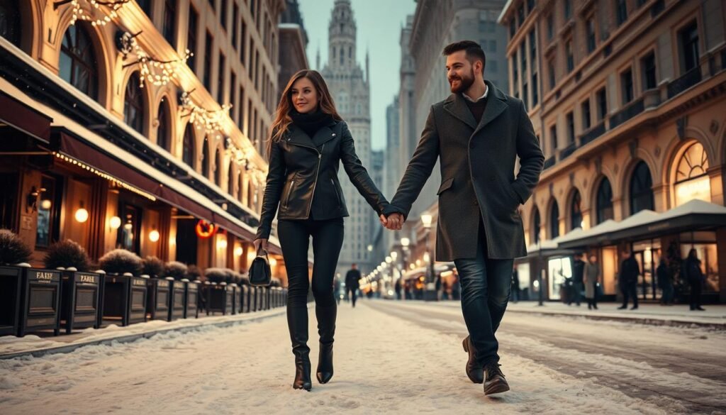 A couple dressed in stylish winter outfits strolling hand-in-hand down a snowy city street. In the foreground, the woman wears a sleek black leather jacket, fitted jeans, and tall boots, while the man is dressed in a charcoal grey wool coat, dark denim, and leather dress shoes. The middle ground features cozy cafe facades and twinkling string lights, creating a warm, intimate atmosphere. In the background, tall buildings with ornate architecture are dusted in a light layer of snow, casting long shadows under a softly overcast sky. Moody, romantic lighting illuminates the scene, capturing the essence of a chic, winter date night.