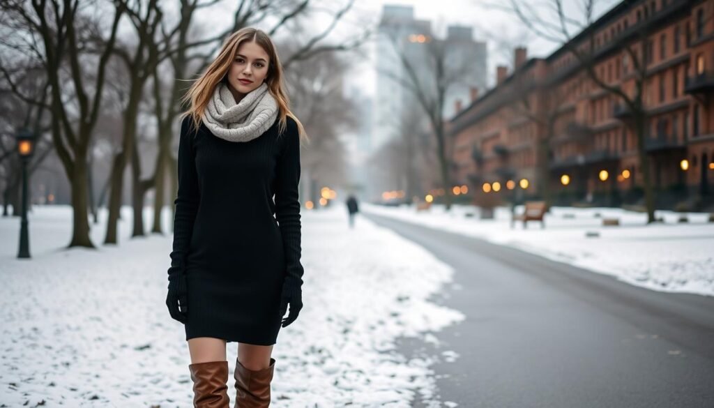 A cozy and stylish winter date night scene. In the foreground, a model wearing a classic black sweater dress paired with knee-high brown leather boots. Her outfit is complemented by a warm scarf in a neutral tone. The middle ground features a snowy park setting, with bare trees and a path leading into the distance. Soft, diffused lighting creates a romantic atmosphere, with a hint of golden hour glow. The background is a cityscape of brownstone buildings, their windows aglow, setting the stage for a intimate, winter evening out.