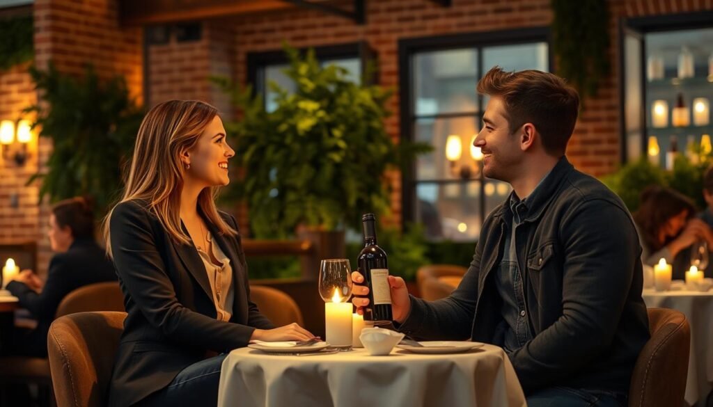 A cozy, candlelit restaurant with a warm, intimate atmosphere. In the foreground, a couple in dressy casual attire - the woman wearing slim-fit dark jeans, a fitted blouse, and a tailored blazer, the man in dark denim, a crisp button-down, and a well-fitted cardigan. They sit at a small table, sharing a bottle of wine and gazing into each other's eyes. Soft, golden lighting from wall sconces and the table's centerpiece candles illuminates their faces. The background features exposed brick walls, lush greenery, and the hazy silhouettes of other diners. An inviting, romantic winter date night scene.