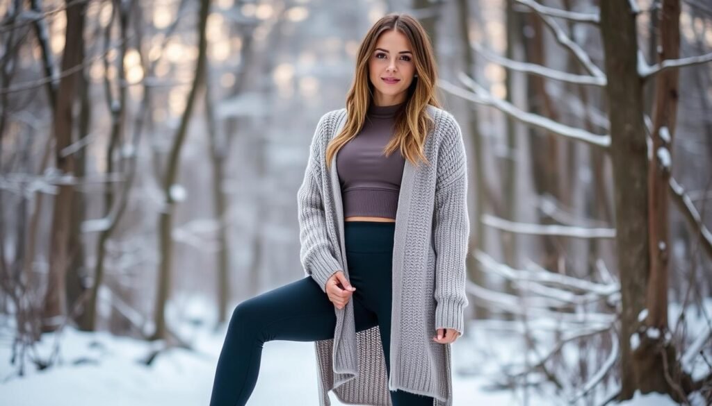 A cozy, casual-chic winter date outfit featuring a fitted athletic top, high-waisted leggings, and a oversized knit cardigan in a neutral palette. The model is posed in a snowy, wooded setting, with soft diffused lighting filtering through the trees. The overall look is relaxed yet stylishly put-together, perfect for a comfortable and stylish winter date night. A cozy, casual-chic winter date outfit featuring a fitted athletic top, high-waisted leggings, and a oversized knit cardigan in a neutral palette. The model is posed in a snowy, wooded setting, with soft diffused lighting filtering through the trees. The overall look is relaxed yet stylishly put-together, perfect for a comfortable and stylish winter date night.