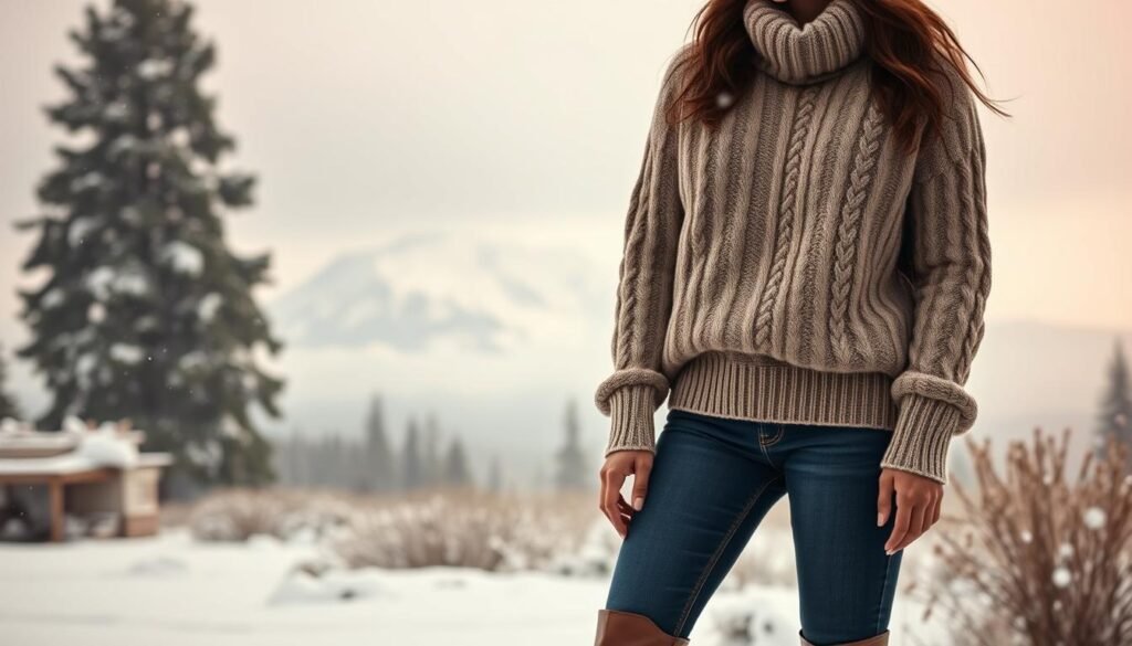 A cozy, sophisticated winter scene. In the foreground, a model wears a high-neck, cable-knit sweater in a warm, neutral tone, paired with slim-fit jeans and knee-high leather boots. The middle ground features a lush, snow-covered landscape, with towering pine trees and a distant, snow-capped mountain range. Soft, diffused lighting creates a serene, romantic atmosphere, with gentle snowflakes drifting through the air. The background is hazy, blurring into a muted, pastel-colored sky. The overall mood is one of comfort, elegance, and quiet contemplation.