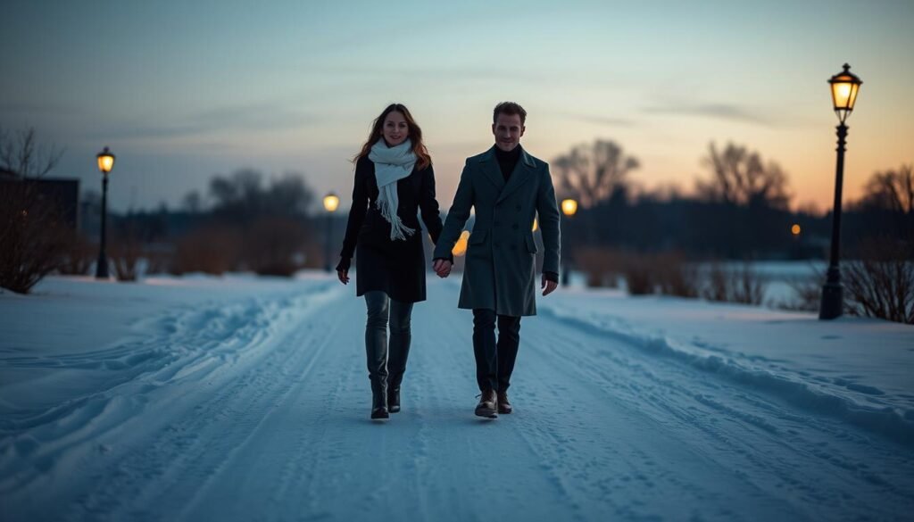 A serene, snow-covered landscape at dusk, with a lone couple dressed in chic, monochromatic winter attire strolling hand-in-hand down a winding path. The woman wears a sleek, form-fitting black coat, accented by a cozy white scarf and tall, leather boots. Her partner dons a striking charcoal-gray trench coat, tailored pants, and polished dress shoes. Soft, warm lighting from nearby lampposts casts a gentle glow, creating an atmosphere of effortless elegance and romantic ambiance. The couple's silhouettes are captured in a medium shot, conveying a sense of intimacy and connection against the picturesque, wintry backdrop.