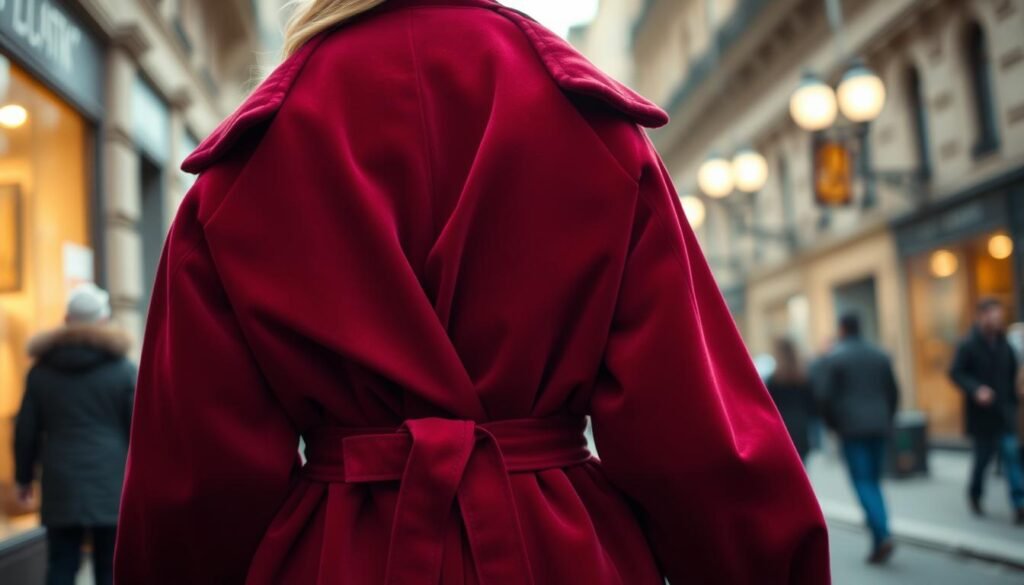 A stylish statement coat in a rich, jewel-toned color, cinched at the waist with a delicate belt, draped elegantly over the subject's shoulders as they stroll down a softly lit, winter-inspired city street. The coat's voluminous silhouette and luxurious texture create a captivating focal point, complemented by subtle, flattering lighting that casts a warm, romantic glow. The background is blurred, placing the eye-catching coat in the foreground to highlight it as the centerpiece of the date night ensemble.