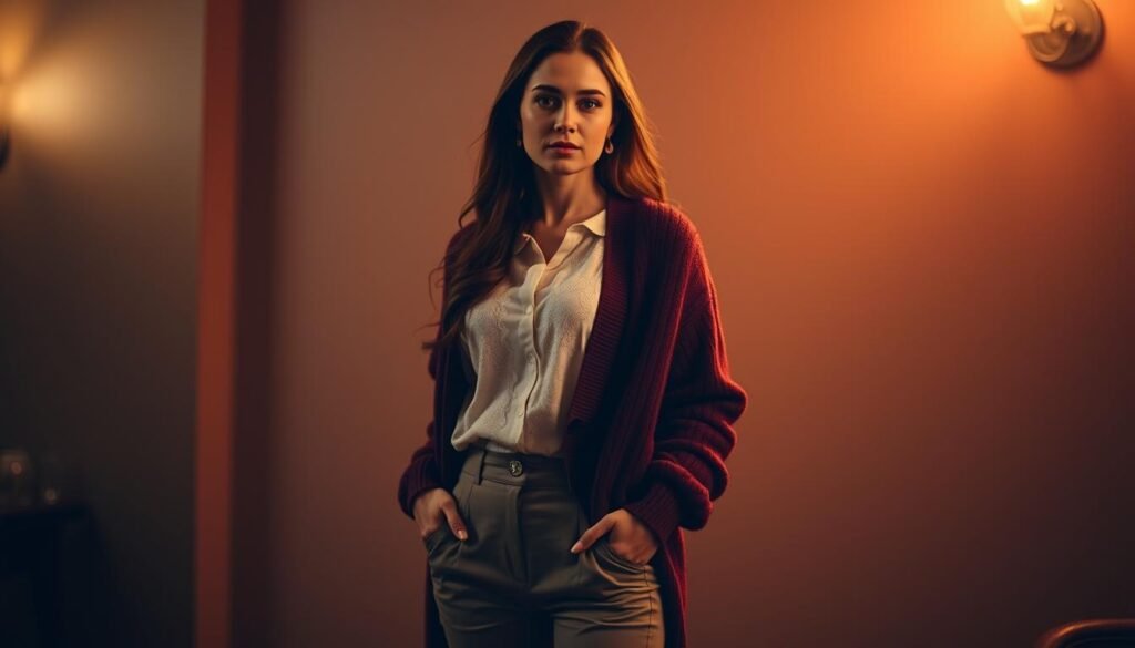 A stylish woman stands in a dimly lit room, illuminated by warm, golden lighting. She wears an elegant blouse with delicate lace detailing, layered under a cozy, oversized cardigan in a rich burgundy hue. Her tailored, high-waisted pants in a neutral tone complement the ensemble, creating a refined, winter-inspired look. The soft, diffused lighting casts a flattering glow, accentuating the refined textures and graceful lines of the outfit. The overall atmosphere exudes a sense of effortless sophistication, perfect for a cozy, intimate date night.