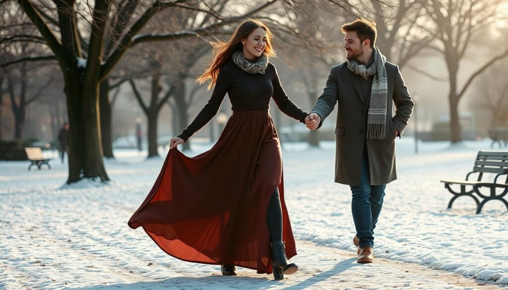 A young woman strolling through a snowy park, her long skirt flowing gracefully as she holds the hand of her date. Both are dressed in cozy winter attire - she wears a fitted turtleneck sweater, thick tights, and tall leather boots, while he sports a tailored wool coat and scarf. Soft, warm lighting filters through the bare tree branches, casting a romantic glow on the scene. In the background, a dusting of snow covers the ground and benches, creating a peaceful, wintry atmosphere. The couple's body language suggests a sense of intimacy and joy as they enjoy a serene stroll on their winter date.