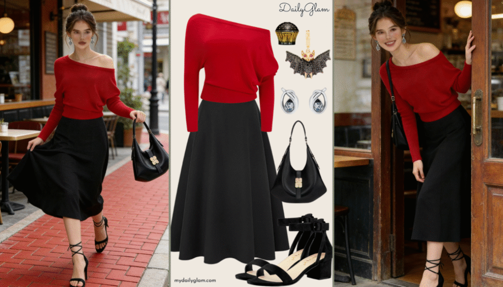 red black winter outfit women