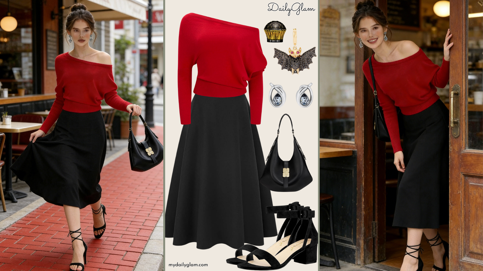 red black winter outfit women