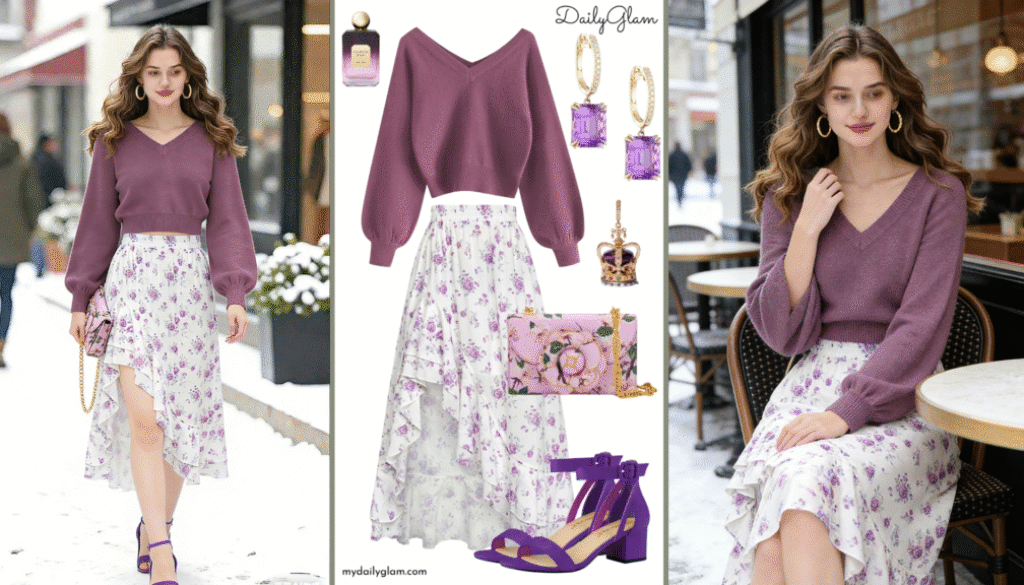 Fall Winter Purple Floral Romantic Outfit