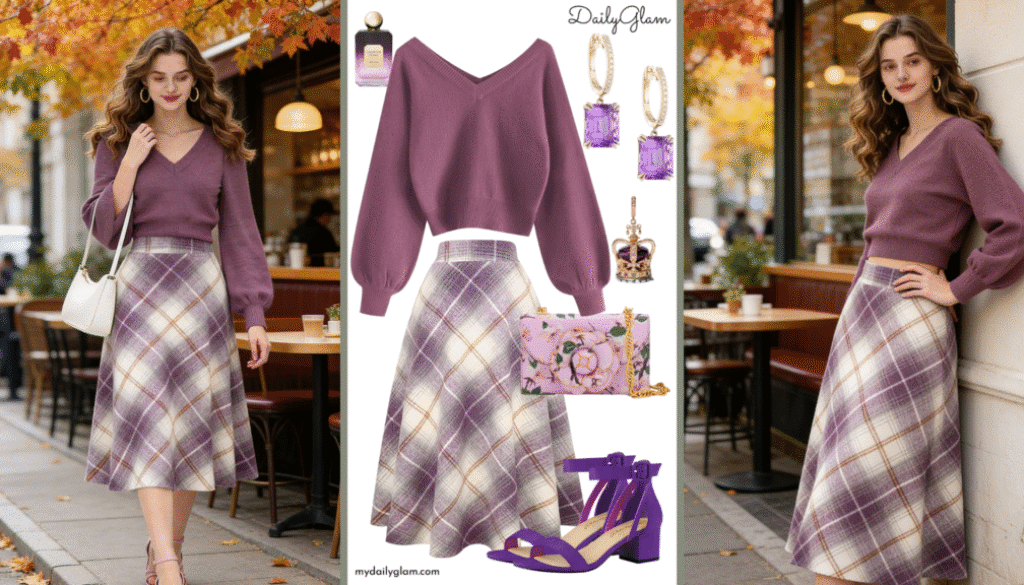 Fall Winter Purple Plaid Chic Outfit