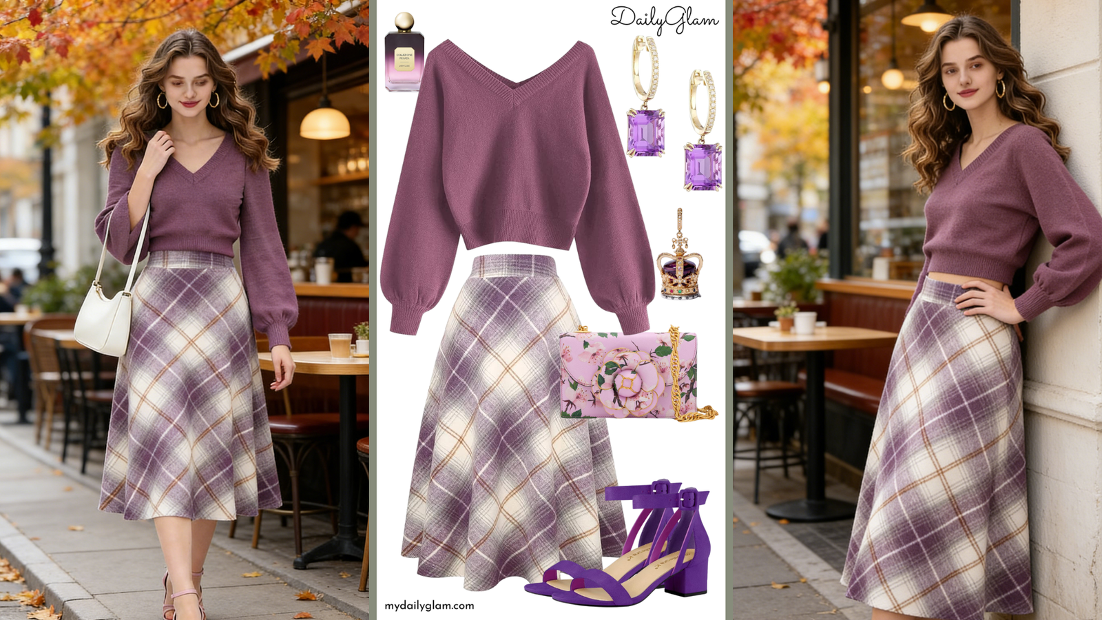 Fall Winter Purple Plaid Chic Outfit