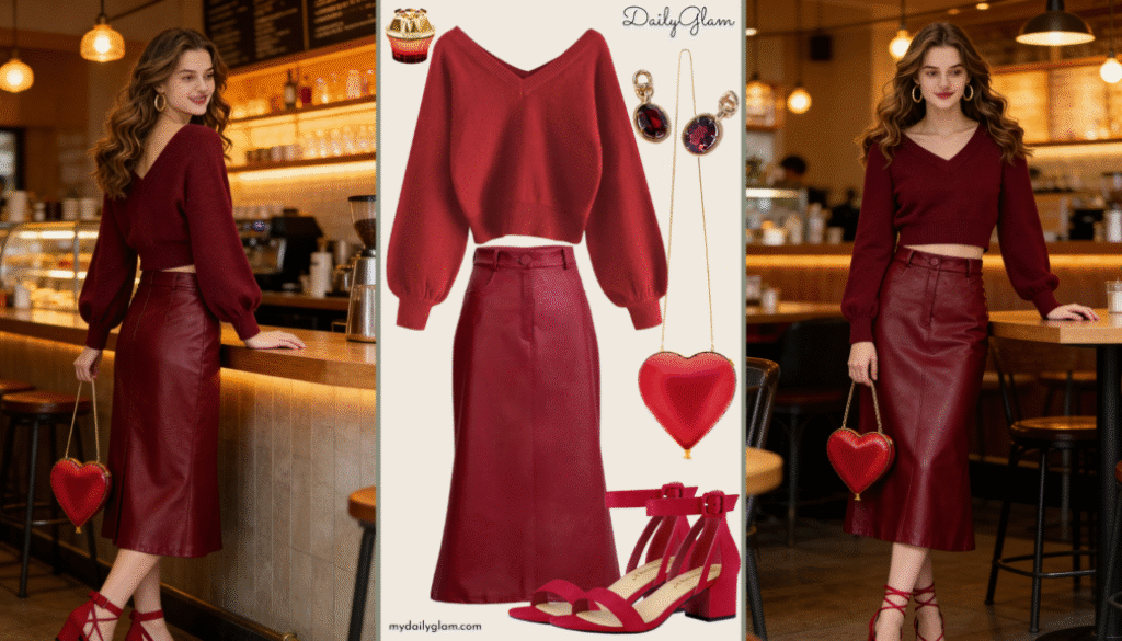 Fall Winter Burgundy Monochrome Chic Outfit 副关键词： Burgundy Cropped Sweater + Leather Skirt Fall Look Elegant Burgundy Monochrome Outfit for Women (Fall 2026) Cozy Burgundy Sweater & Leather Midi Skirt Winter Style