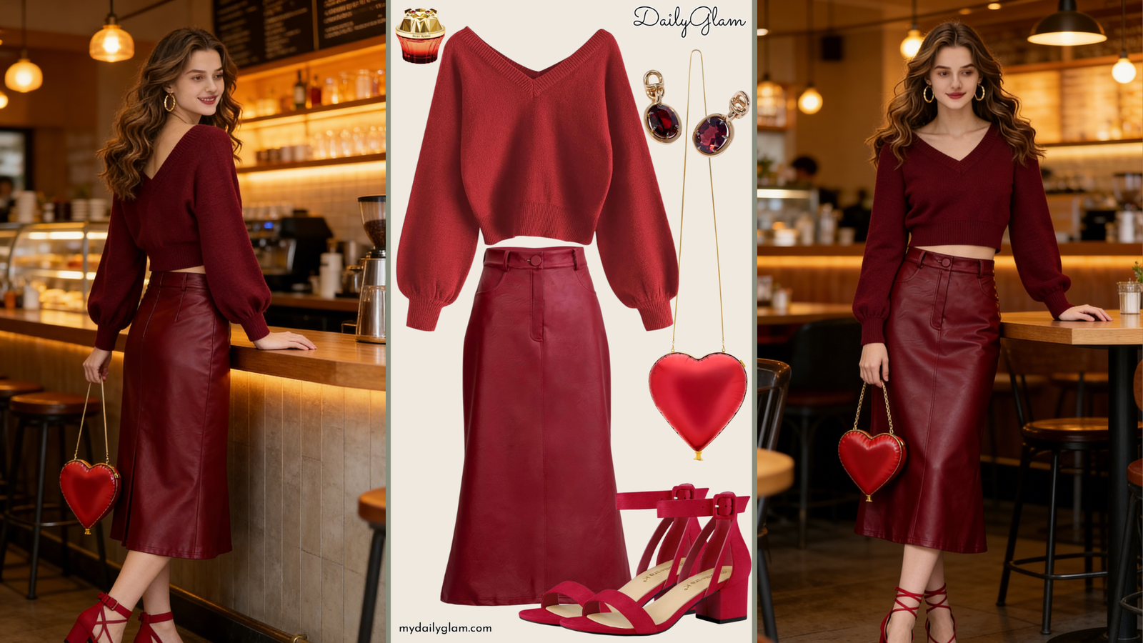 Fall Winter Burgundy Monochrome Chic Outfit 副关键词： Burgundy Cropped Sweater + Leather Skirt Fall Look Elegant Burgundy Monochrome Outfit for Women (Fall 2026) Cozy Burgundy Sweater & Leather Midi Skirt Winter Style