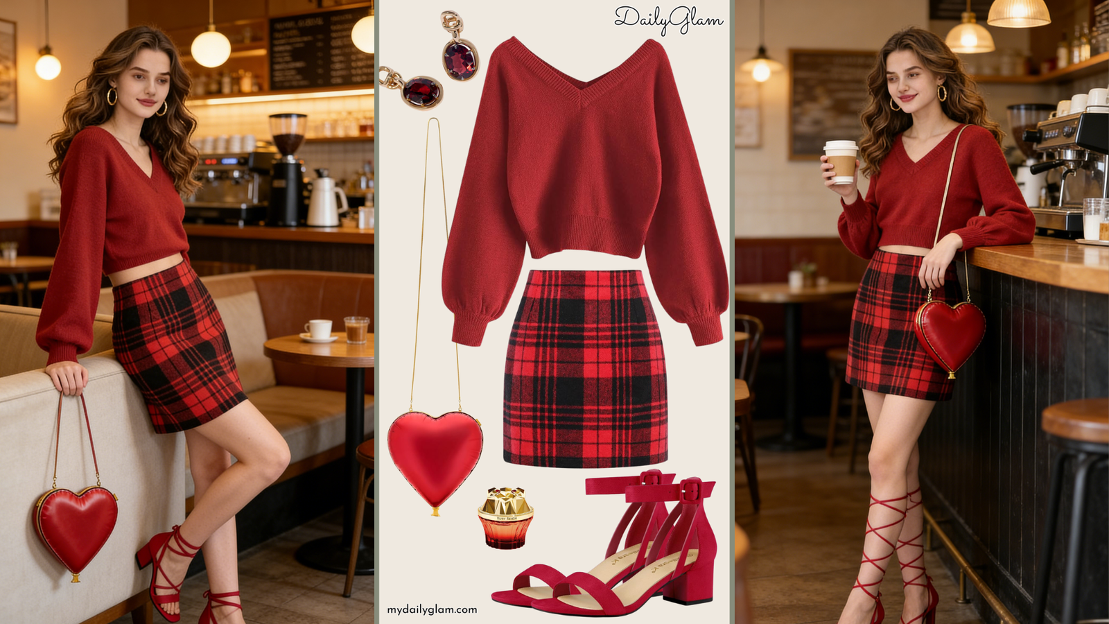 Fall Winter Red Plaid Mini Skirt Outfit