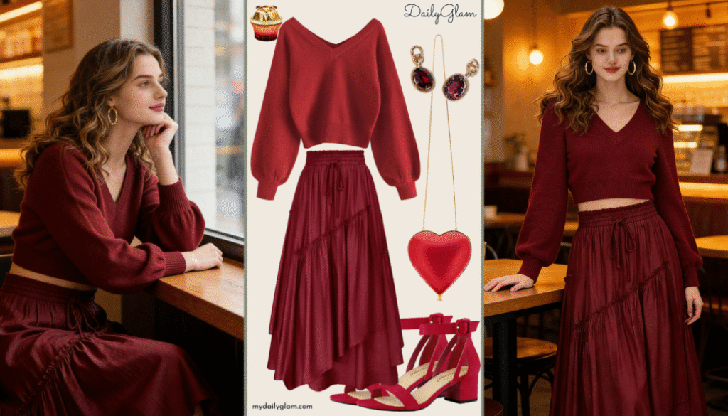 Fall Winter Burgundy Romantic Ruffle Skirt Outfit