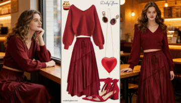 Fall Winter Burgundy Romantic Ruffle Skirt Outfit