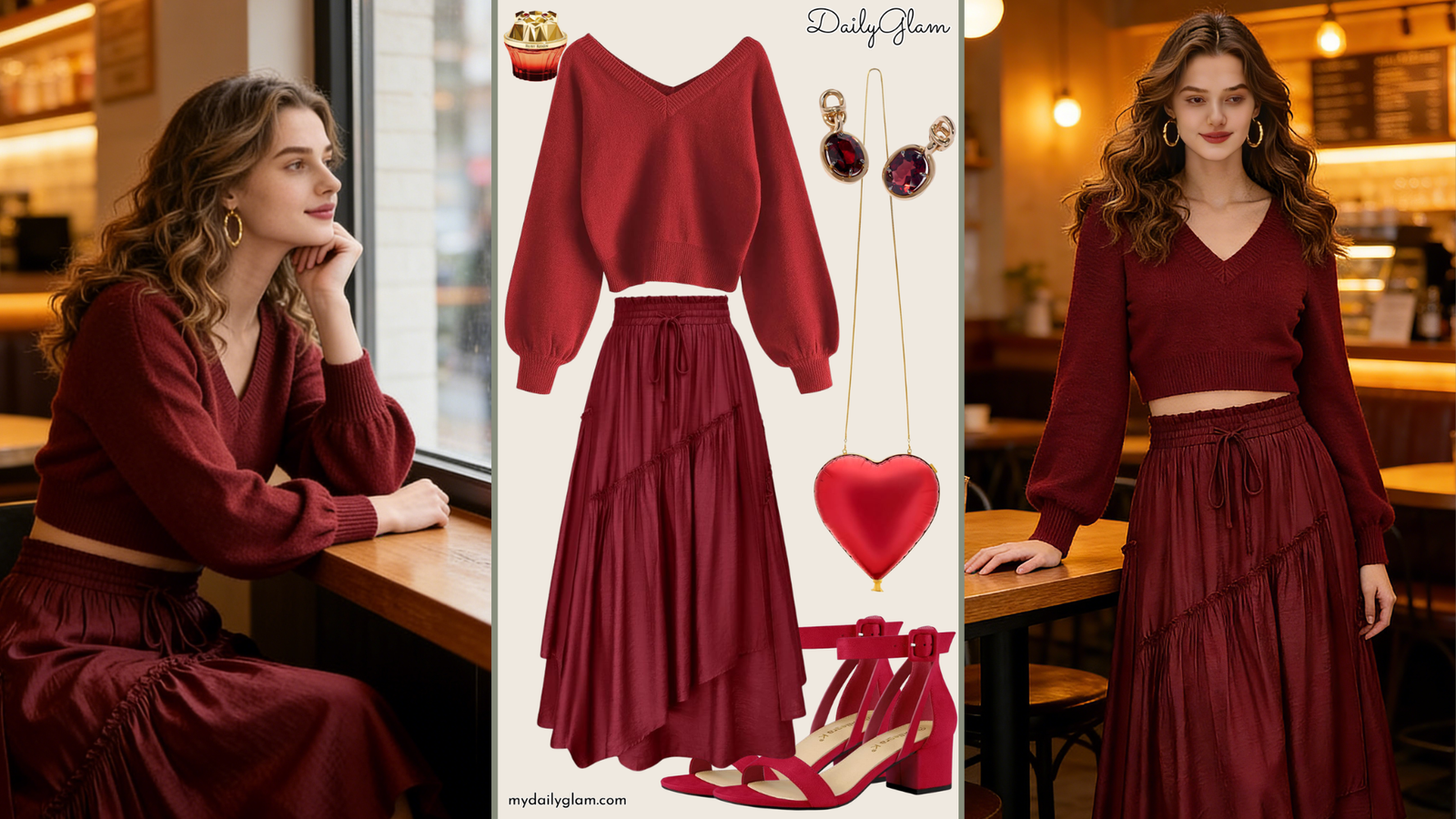 Fall Winter Burgundy Romantic Ruffle Skirt Outfit