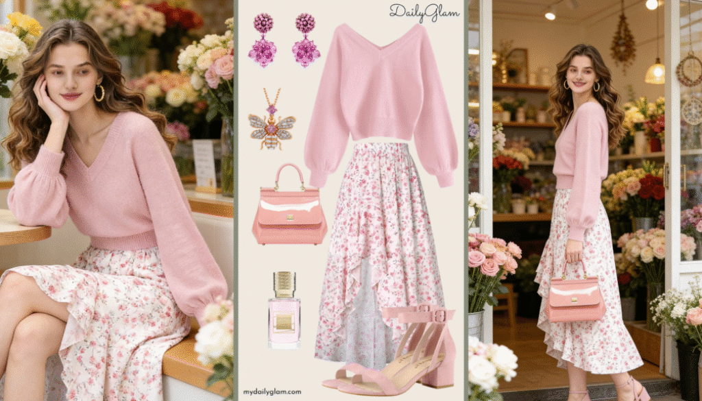 Fall Winter Soft Pink Floral Boho Outfit