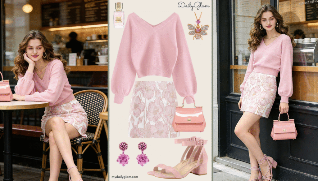 Fall Winter Soft Pink Floral Mini Skirt Outfit