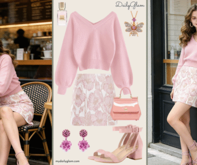 Fall Winter Soft Pink Floral Mini Skirt Outfit