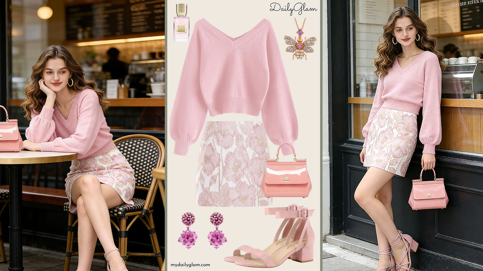 Fall Winter Soft Pink Floral Mini Skirt Outfit