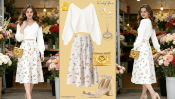 Fall Winter White Gold Floral Midi Skirt Outfit