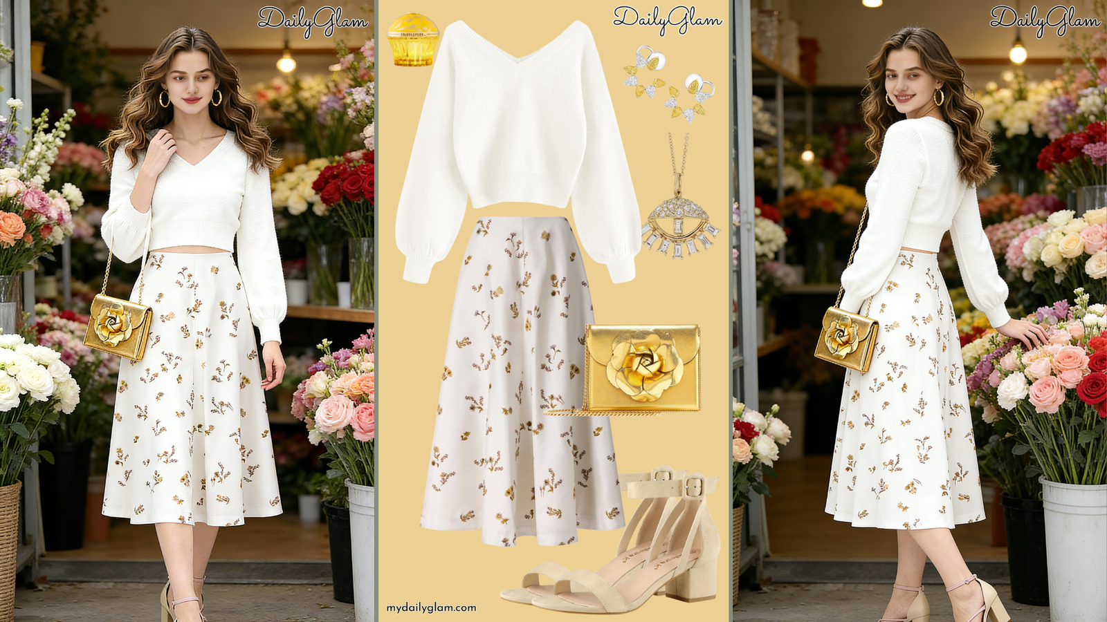 Fall Winter White Gold Floral Midi Skirt Outfit