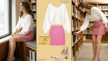 Fall Winter White Pink Tweed Mini Skirt Outfit