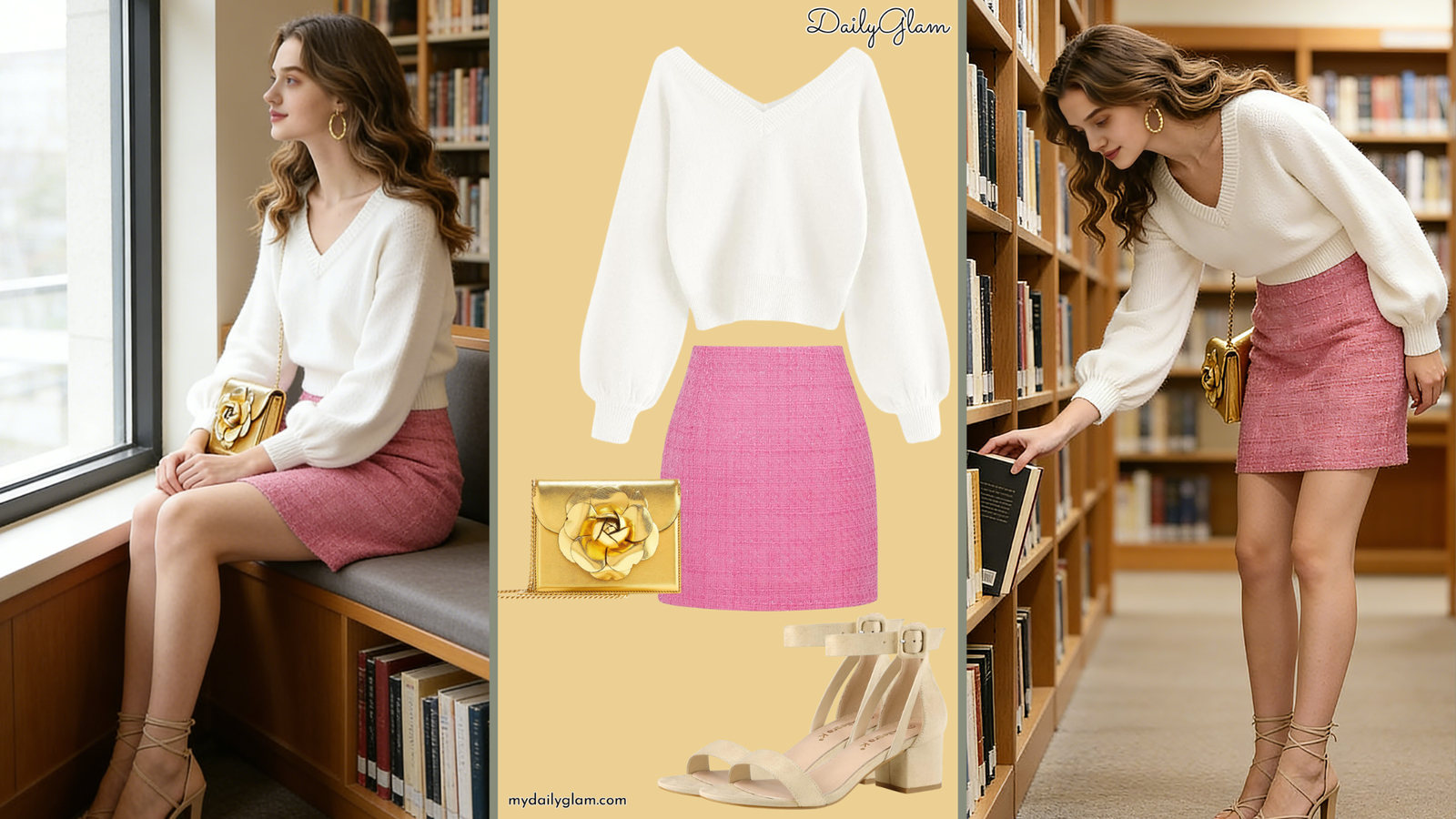 Fall Winter White Pink Tweed Mini Skirt Outfit