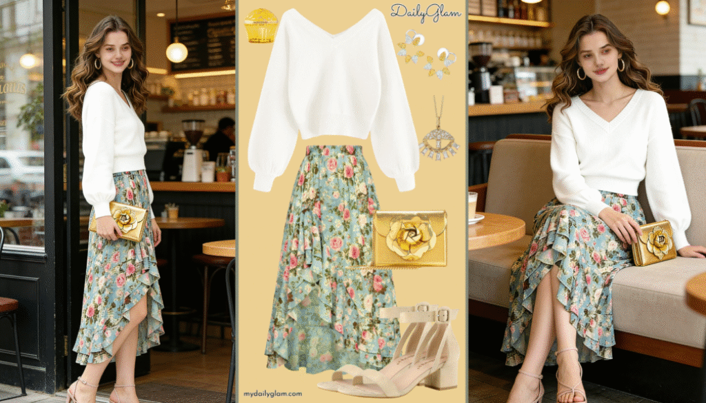 Fall Winter White Boho Floral Maxi Skirt Outfit