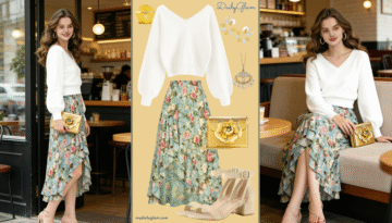 Fall Winter White Boho Floral Maxi Skirt Outfit