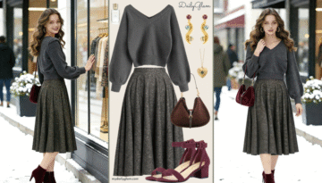 Fall Winter Charcoal Grey Pleated Midi Skirt Outfit