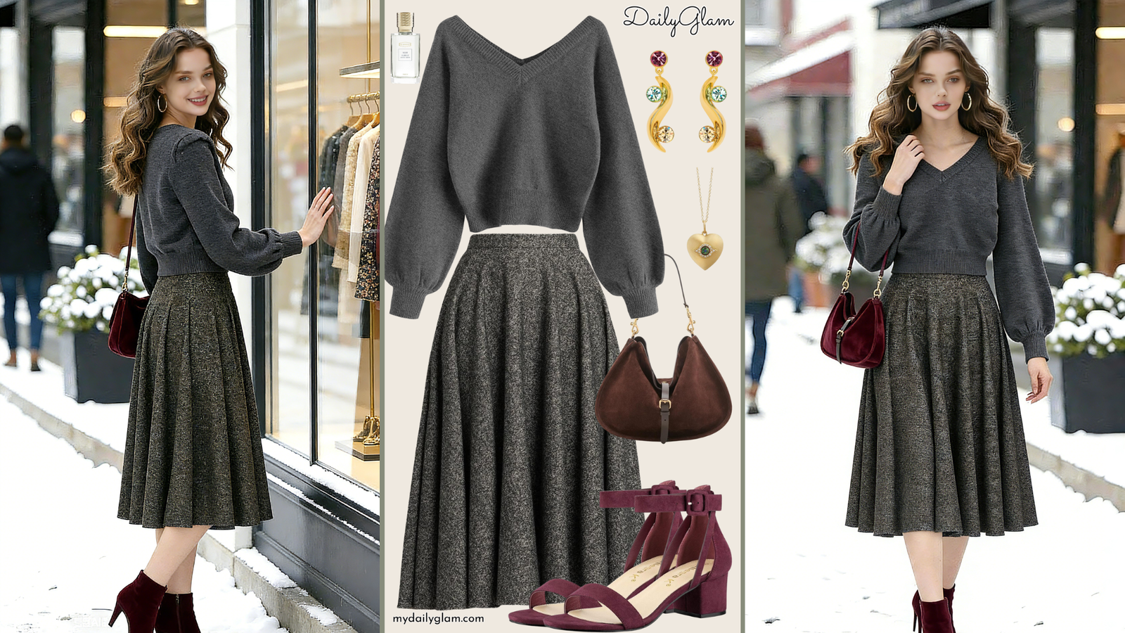 Fall Winter Charcoal Grey Pleated Midi Skirt Outfit