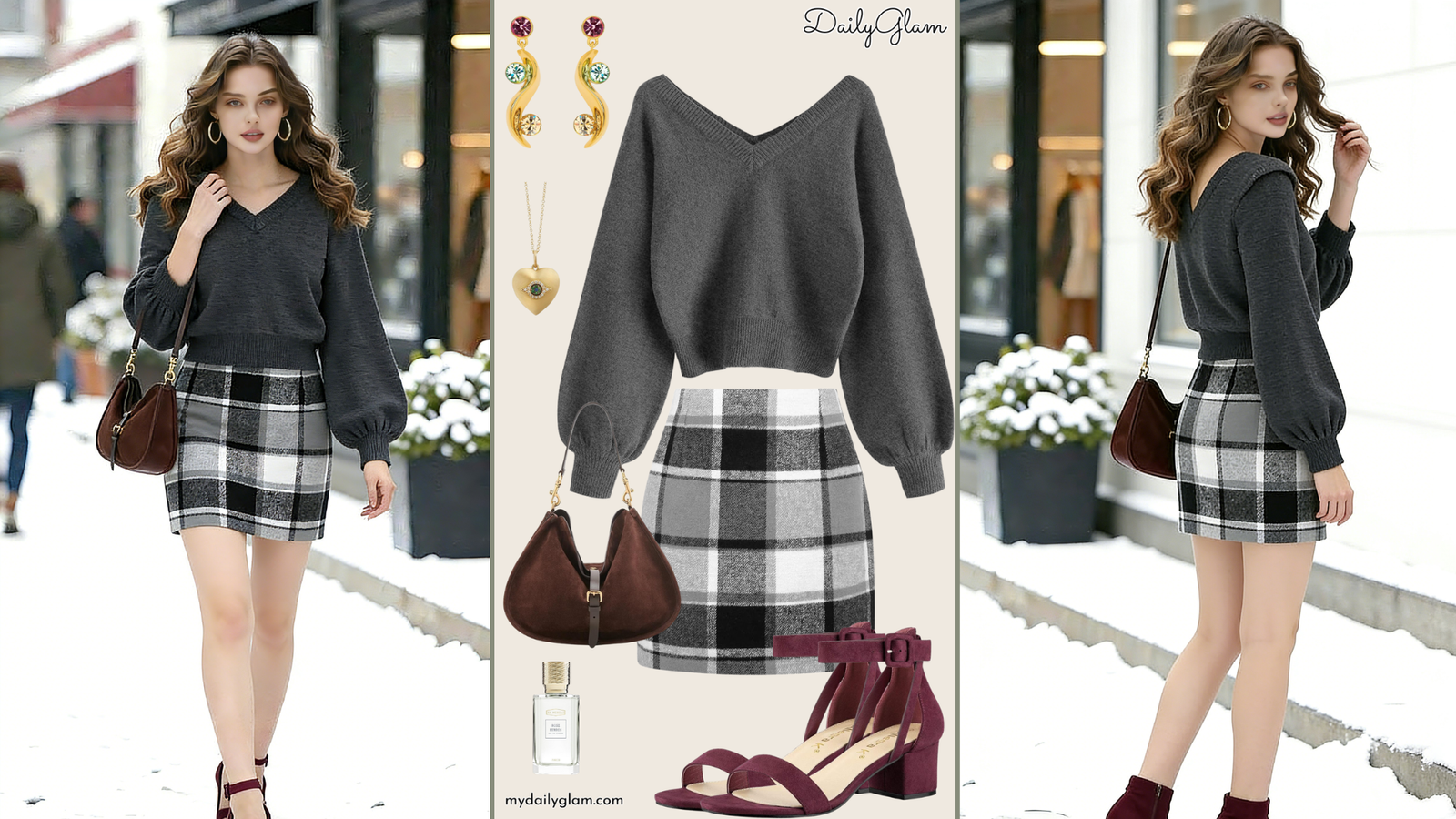 Fall Winter Charcoal Grey Plaid Mini Skirt Outfit
