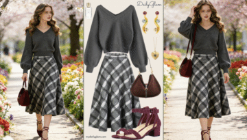 Fall Winter Charcoal Grey Plaid Midi Skirt Outfit