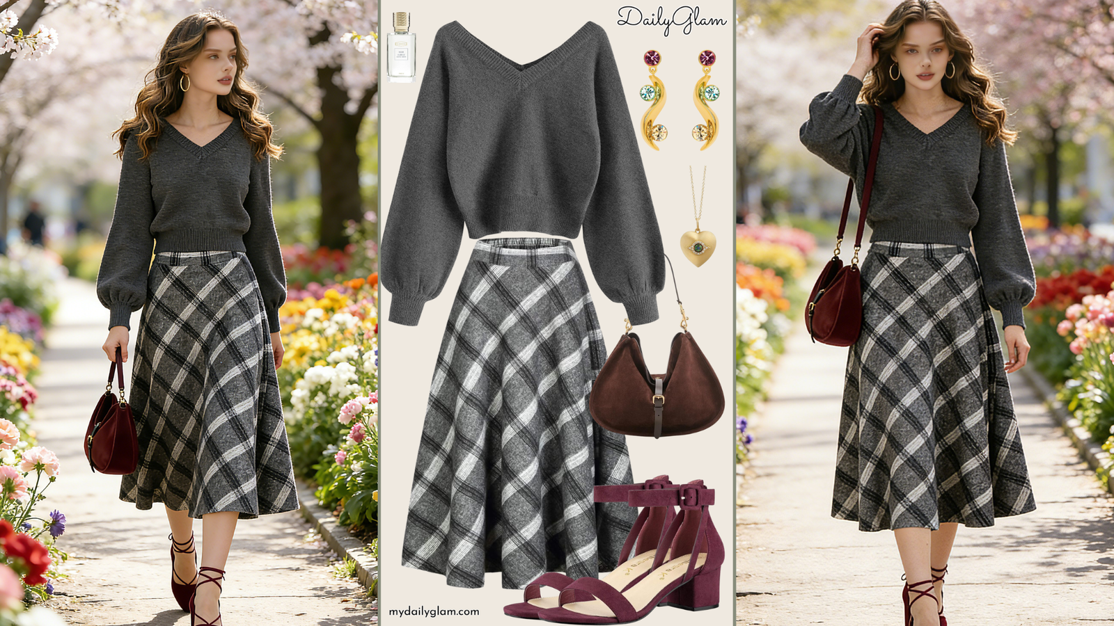 Fall Winter Charcoal Grey Plaid Midi Skirt Outfit