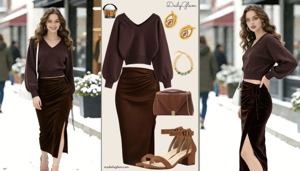 Fall Winter Chocolate Brown Velvet Midi Skirt Outfit