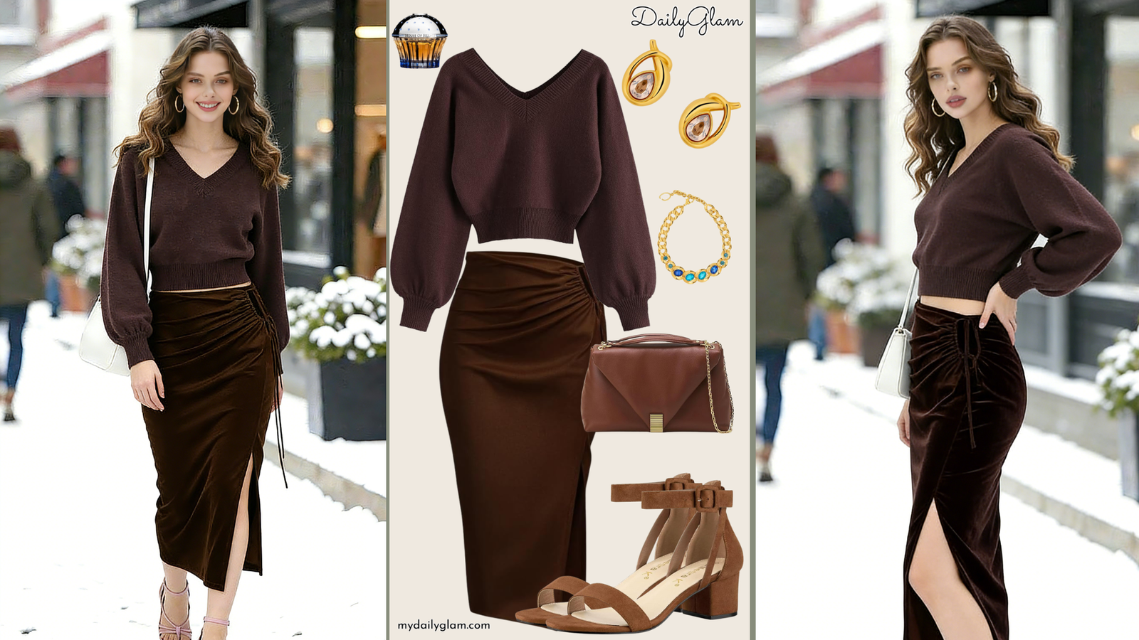 Fall Winter Chocolate Brown Velvet Midi Skirt Outfit