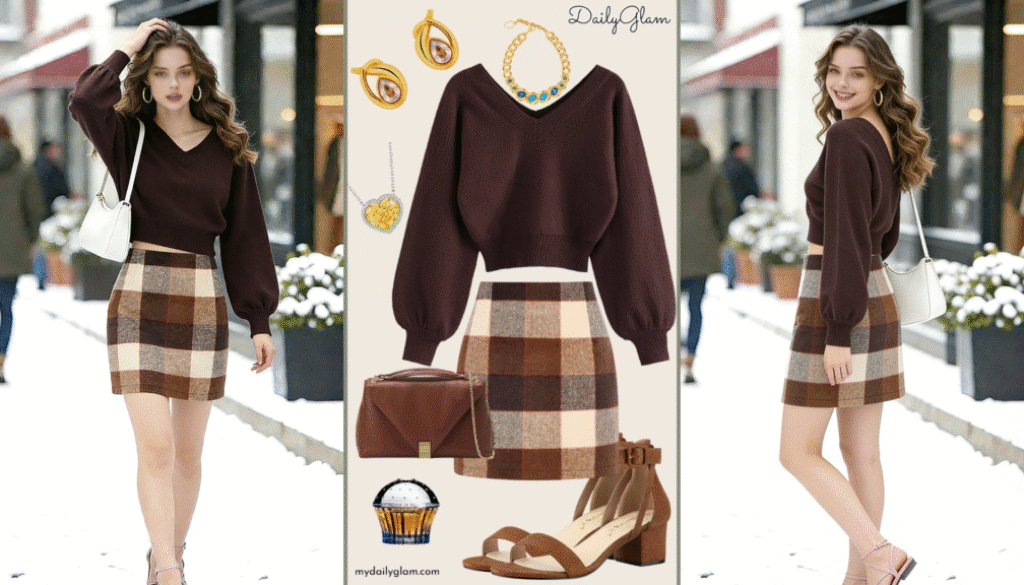 Fall Winter Chocolate Brown Plaid Mini Skirt Outfit