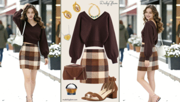 Fall Winter Chocolate Brown Plaid Mini Skirt Outfit