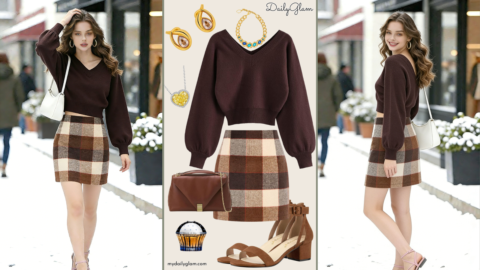 Fall Winter Chocolate Brown Plaid Mini Skirt Outfit