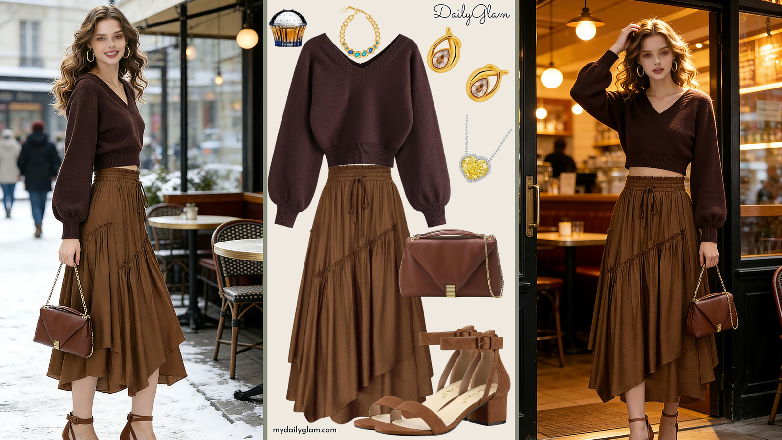 Fall Winter Chocolate Brown Boho Maxi Skirt Outfit