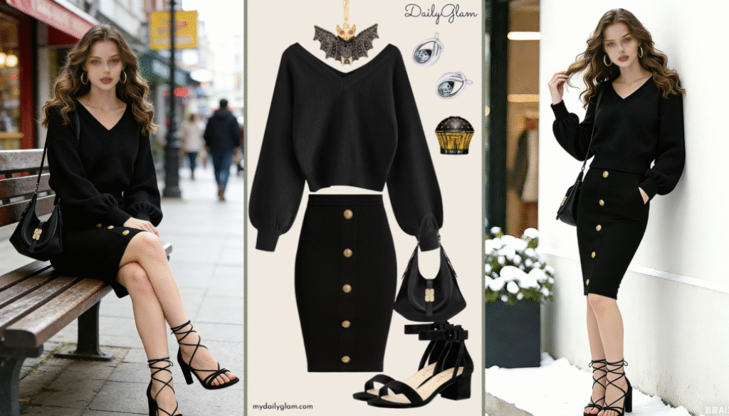 Fall Winter Black Monochrome Knit Midi Skirt Outfit