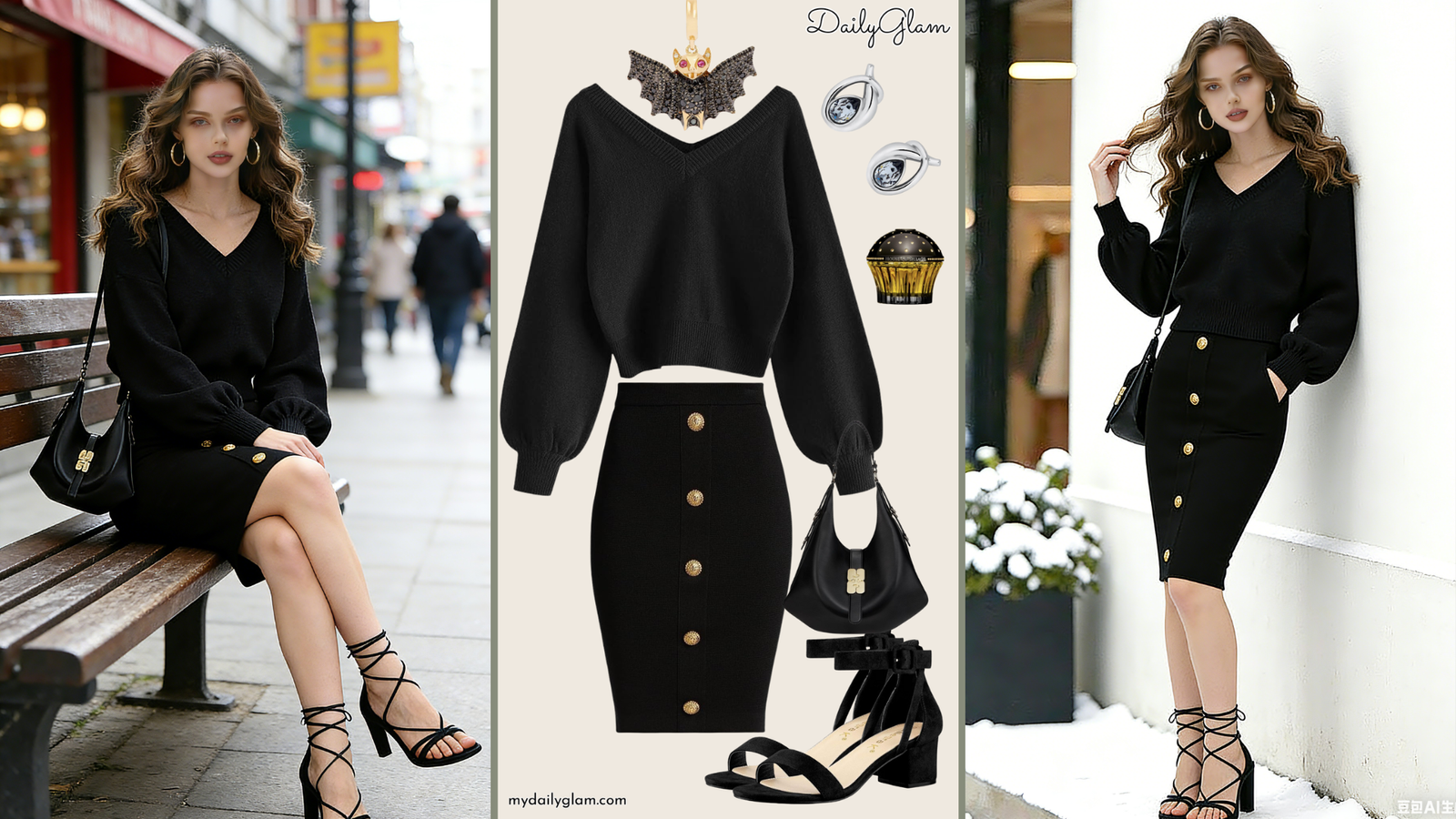 Fall Winter Black Monochrome Knit Midi Skirt Outfit