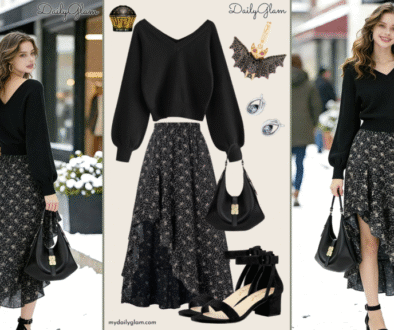 Fall Winter Black Floral Boho Maxi Skirt Outfit
