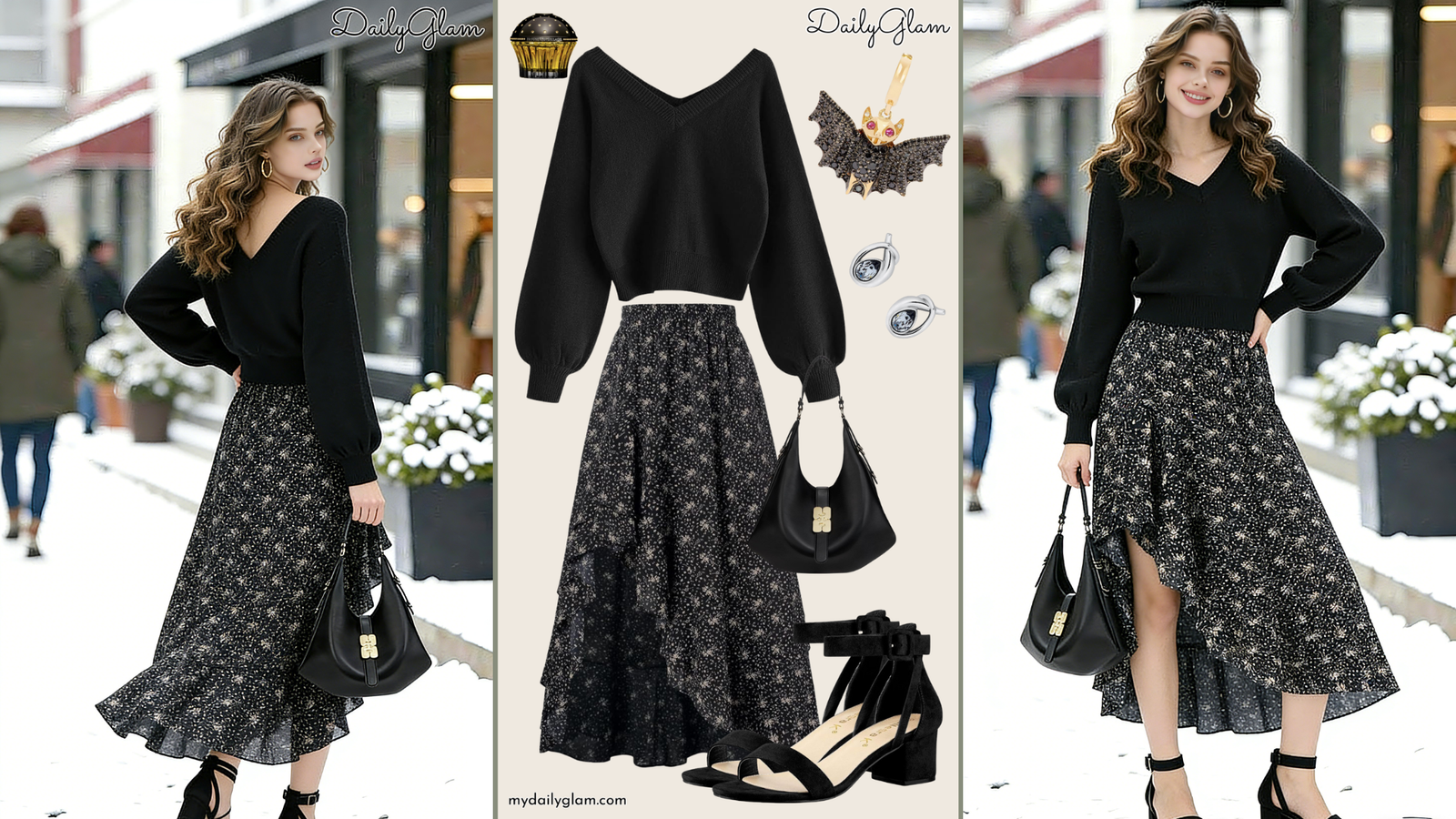 Fall Winter Black Floral Boho Maxi Skirt Outfit
