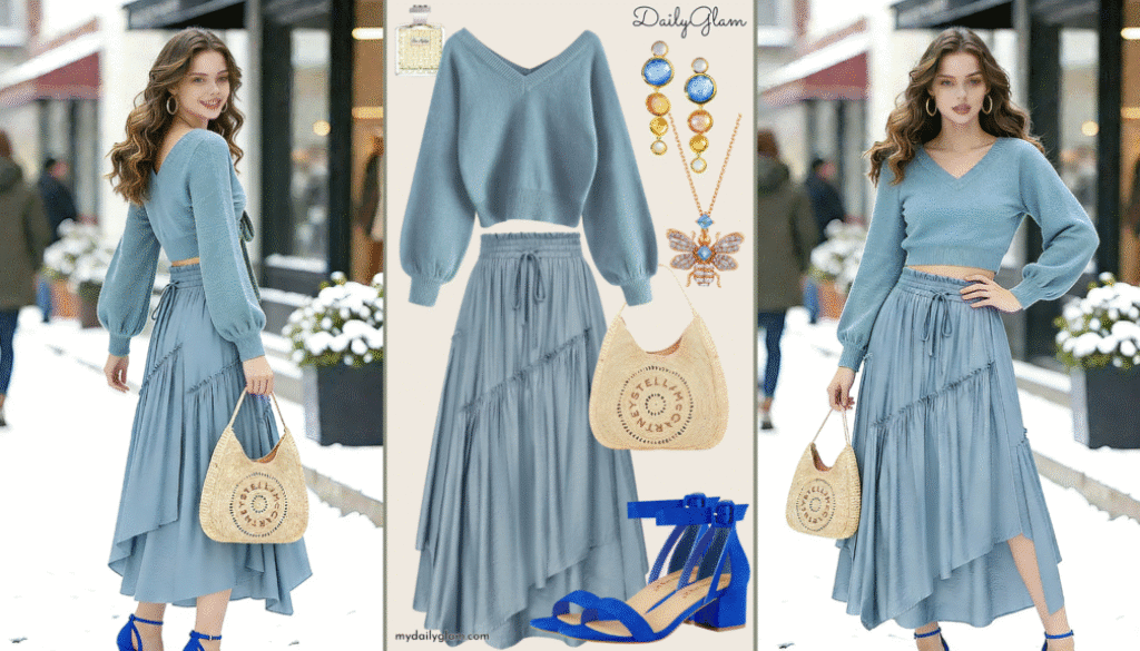 Fall Winter Dusty Blue Boho Maxi Skirt Outfit