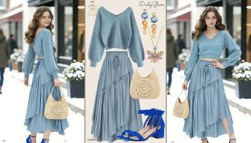 Fall Winter Dusty Blue Boho Maxi Skirt Outfit