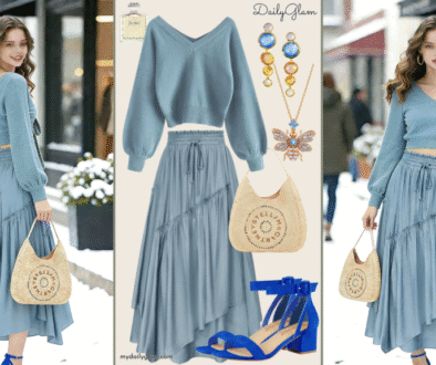 Fall Winter Dusty Blue Boho Maxi Skirt Outfit