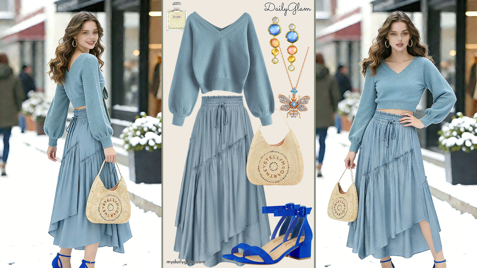 Fall Winter Dusty Blue Boho Maxi Skirt Outfit